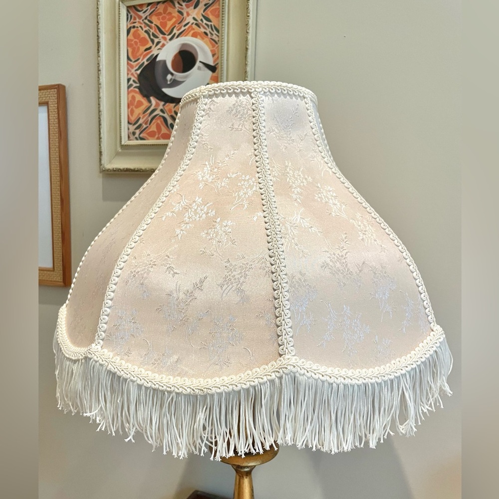 Vintage Cream Fringe satin floral Lamp Shade only 14” tall diameter 54”